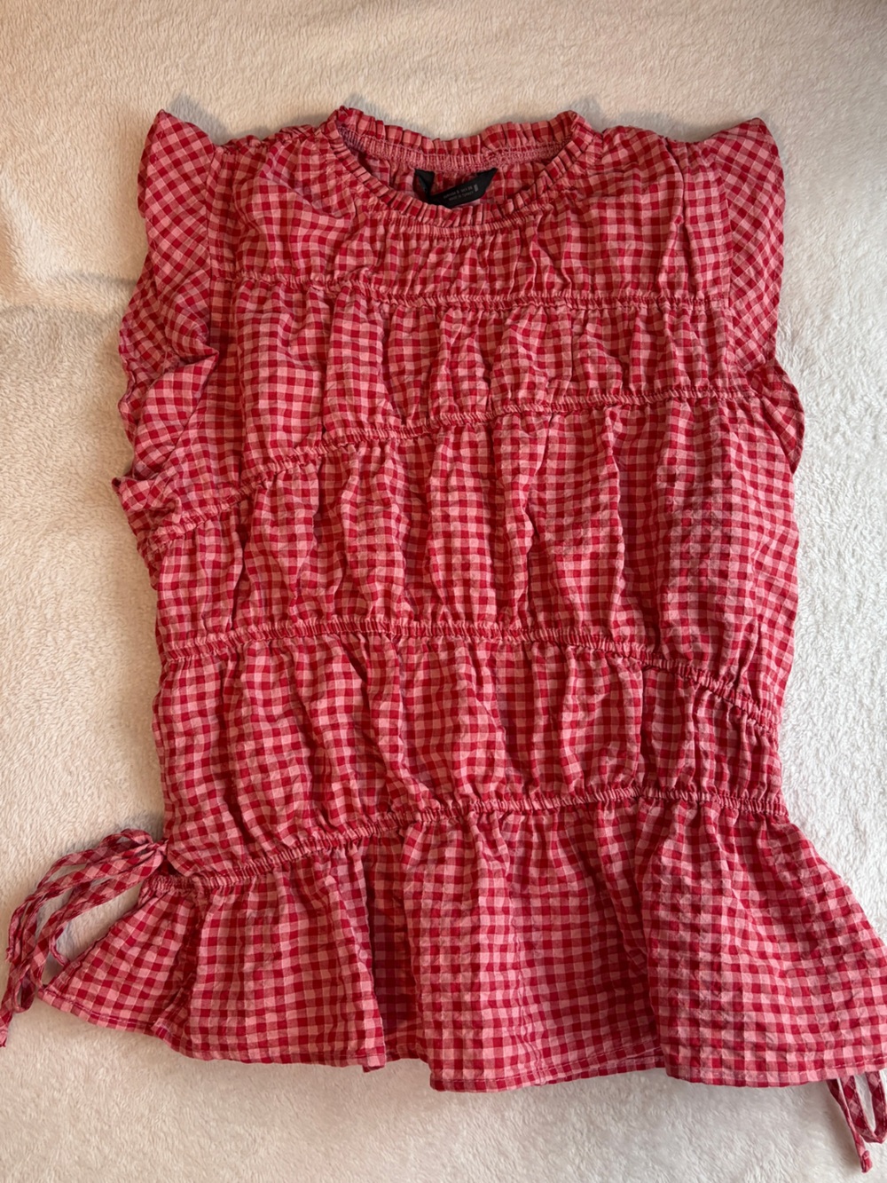 Zara Red and White Gingham Ruched Blouse